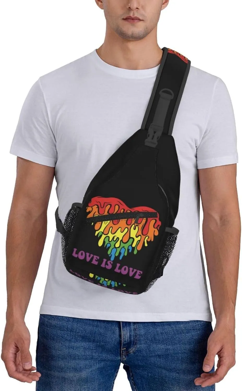Love Is Love LGBT Gay Pride Rainbow Heart Crossbody Bag Adjustable Sling Bag Chest Bags Travel Shoulder Backpack