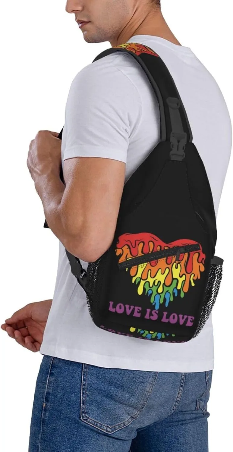 Love Is Love LGBT Gay Pride Rainbow Heart Crossbody Bag Adjustable Sling Bag Chest Bags Travel Shoulder Backpack