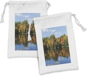 Lunarable Adirondack Fabric Pouch Set of 2, Pond in Fall Season with Colorful Foliage in Town of Paul Smiths Digital Print, Small Drawstring Bag for Toiletries Masks and Favors, 9" x 6", Multicolor