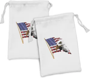 Lunarable American Flag Fabric Pouch Set of 2, American Eagle Emblem of United States Memorial National Citizen Artwork, Small Drawstring Bag for Toiletries Masks and Favors, 9" x 6", Multicolor