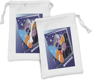Lunarable Astrology Fabric Pouch Set of 2, Gemini Couple Mercury Moon and Sun Map to Zodiac Stars Love Character Home, Small Drawstring Bag for Toiletries Masks and Favors, 9" x 6", Orange Blue Navy