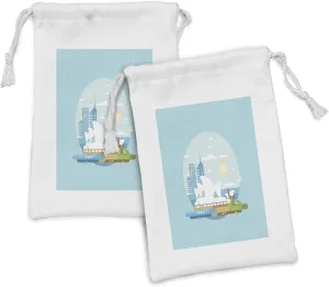 Lunarable Australia Fabric Pouch Set of 2, Modernistic Landmarks Doodle of Sydney City Famous Opera House and Kangaroo, Small Drawstring Bag for Toiletries Masks and Favors, 9" x 6", Multicolor
