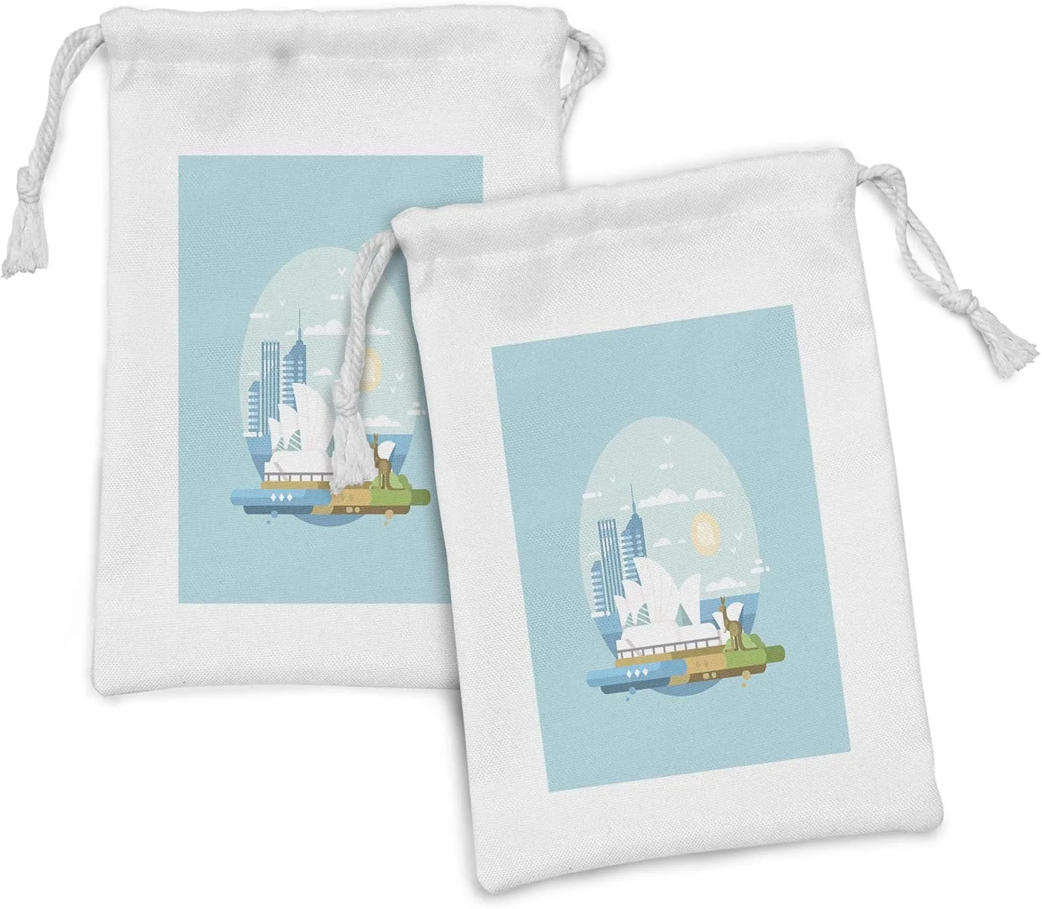 Lunarable Australia Fabric Pouch Set of 2, Modernistic Landmarks Doodle of Sydney City Famous Opera House and Kangaroo, Small Drawstring Bag for Toiletries Masks and Favors, 9" x 6", Multicolor
