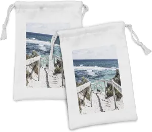 Lunarable Australia Fabric Pouch Set of 2, Scenic Photo of Rottnest Island Beach Heavenly Shoreline Sandy Footpath, Small Drawstring Bag for Toiletries Masks and Favors, 9" x 6", Multicolor