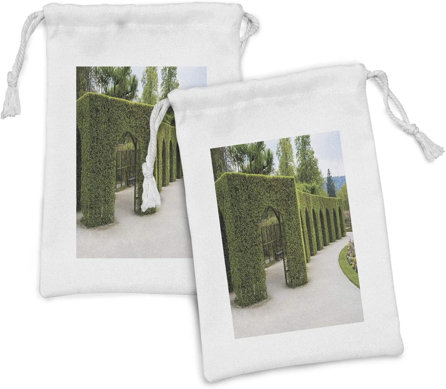 Lunarable Boxwood Hedge Fabric Pouch Set of 2, Park with Shrubs and Lawns Garden Art Landscape Outdoor Design Photo, Small Drawstring Bag for Toiletries Masks and Favors, 9" x 6", Multicolor