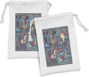 Lunarable Cartoon Fabric Pouch Set of 2, Creature Appearances of Dinosaurs Unicorns with Details Theme Extinct Animals, Small Drawstring Bag for Toiletries Masks and Favors, 9" x 6", Multicolor