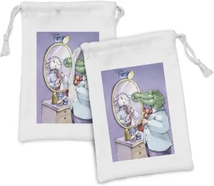 Lunarable Cartoon Fabric Pouch Set of 2, Crocodile Knotting His Tie Looks in Mirror Sees Himselfs Sheep Fun Cartoon, Small Drawstring Bag for Toiletries Masks and Favors, 9" x 6", Purple Green