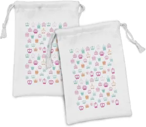 Lunarable Cartoon Fabric Pouch Set of 2, Various Sized and Shaped Crowns Indicator of Power Ruling Royalty King Queen Print, Small Drawstring Bag for Toiletries Masks and Favors, 9" x 6", Multicolor