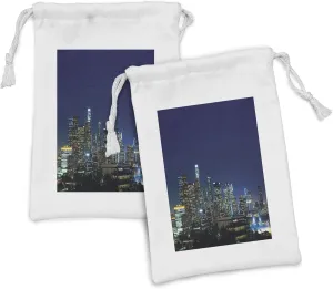 Lunarable Cities of States Fabric Pouch Set of 2, Downtown Los Angeles Colorful Night Time Landscape Financial District, Small Drawstring Bag for Toiletries Masks and Favors, 9" x 6", Multicolor