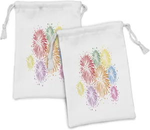 Lunarable Colorful Fabric Pouch Set of 2, Celebration Fireworks in Computer Art Stars Festival Gala Blows Happy, Small Drawstring Bag for Toiletries Masks and Favors, 9" x 6", Multicolor