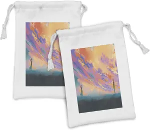 Lunarable Colorful Fabric Pouch Set of 2, Man and Woman Standing Opposite of Each Other Watercolors Dramatic Sky, Small Drawstring Bag for Toiletries Masks and Favors, 9" x 6", Multicolor