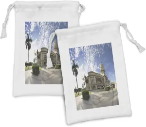Lunarable Cuban Fabric Pouch Set of 2, Panoramic View of El Capitolio Building Relevant City Landmark Built in 1929, Small Drawstring Bag for Toiletries Masks and Favors, 9" x 6", Multicolor