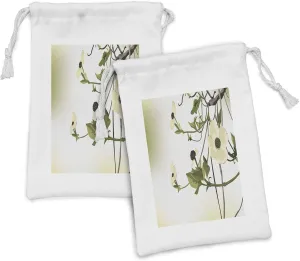 Lunarable Dogwood Flower Fabric Pouch Set of 2, Meadow Blossom Rural Idyllic Plants Mystique Fresh Buds of Woods, Small Drawstring Bag for Toiletries Masks and Favors, 9" x 6", Pale and Olive Green