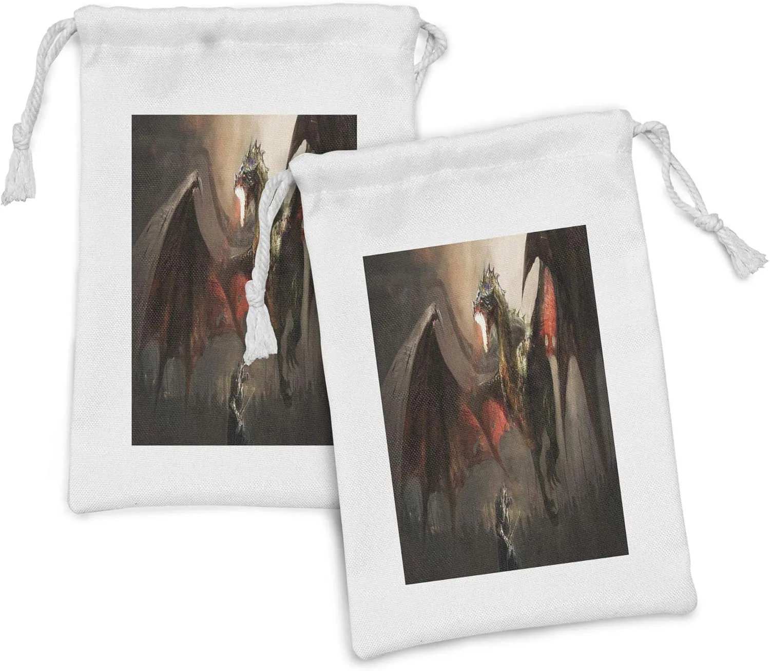 Lunarable Dragon Fabric Pouch Set of 2, Medieval Knight Against Fearful Dragon Spits Fiction Monster Fantasy Themed, Small Drawstring Bag for Toiletries Masks and Favors, 9" x 6", Orange and Brown