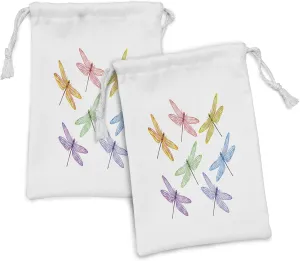 Lunarable Dragonfly Fabric Pouch Set of 2, Group of Dragonflies Colored Patches Elongated Body Winged Animal Design, Small Drawstring Bag for Toiletries Masks and Favors, 9" x 6", Multicolor