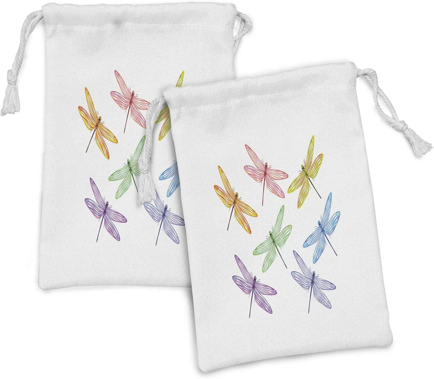 Lunarable Dragonfly Fabric Pouch Set of 2, Group of Dragonflies Colored Patches Elongated Body Winged Animal Design, Small Drawstring Bag for Toiletries Masks and Favors, 9" x 6", Multicolor