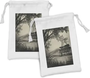 Lunarable East Fabric Pouch Set of 2, Long Exposure Chinese Building Traditional Japanese Picture Illustration, Small Drawstring Bag for Toiletries Masks and Favors, 9" x 6", Sepia