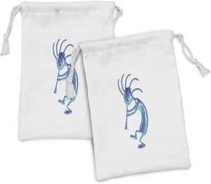 Lunarable EthnicFabric Pouch Set of 2, EthnicFlute Trickster Vintage Aboriginal Tribe Art Ornament Illustration, Small Drawstring Bag for Toiletries Masks and Favors, 9" x 6", Turquoise Blue