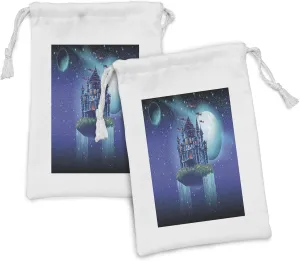 Lunarable Fantasy Fabric Pouch Set of 2, Fictional Magic Castle on Clouds on Space Planets and Stars Background Graphic, Small Drawstring Bag for Toiletries Masks and Favors, 9" x 6", Blue and Teal