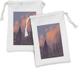 Lunarable Fantasy Fabric Pouch Set of 2, Mysteriosu Person on the Roof Watching City Skyscrapers Lonely Town Evening Tone, Small Drawstring Bag for Toiletries Masks and Favors, 9" x 6", Mauve Blue