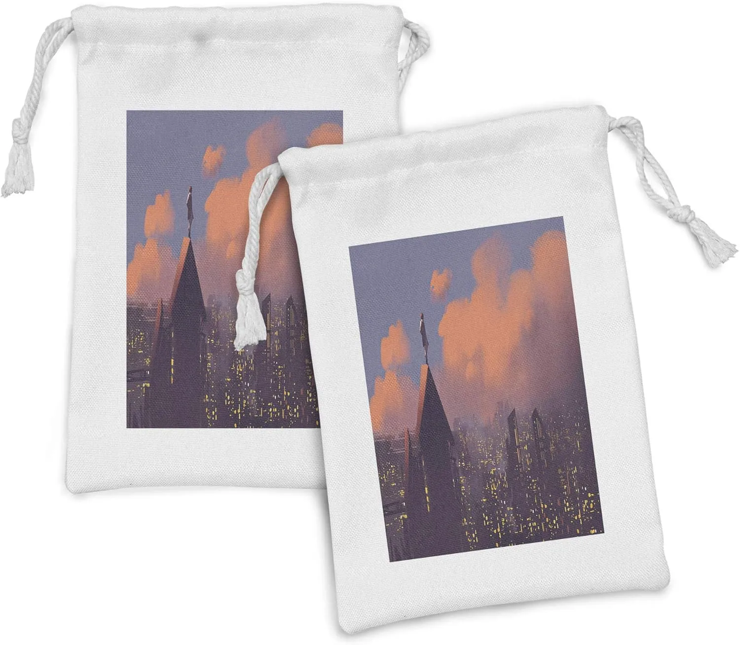 Lunarable Fantasy Fabric Pouch Set of 2, Mysteriosu Person on the Roof Watching City Skyscrapers Lonely Town Evening Tone, Small Drawstring Bag for Toiletries Masks and Favors, 9" x 6", Mauve Blue