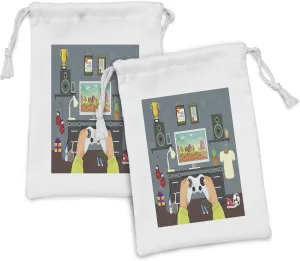 Lunarable Gamer Fabric Pouch Set of 2, Gaming Guy in His Flat Diplomas Loud Speakers Boxing Gloves Jump and Trophy, Small Drawstring Bag for Toiletries Masks and Favors, 9" x 6", Multicolor