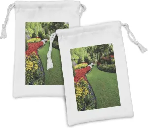 Lunarable Garden Fabric Pouch Set of 2, Curvy Border of Grasses and Flower Beds in Garden Summer Days and Landmarks Theme, Small Drawstring Bag for Toiletries Masks and Favors, 9" x 6", Multicolor