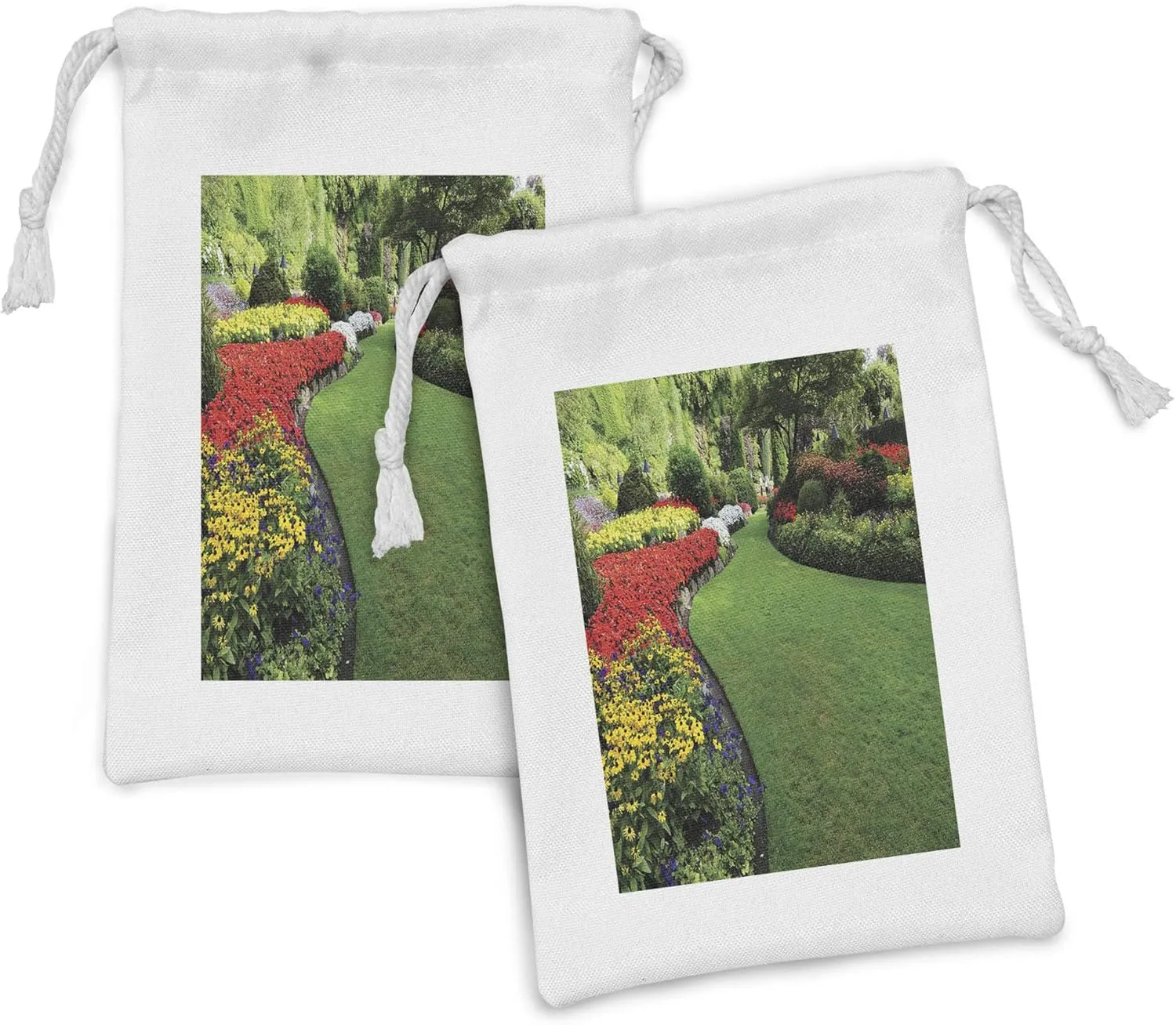 Lunarable Garden Fabric Pouch Set of 2, Curvy Border of Grasses and Flower Beds in Garden Summer Days and Landmarks Theme, Small Drawstring Bag for Toiletries Masks and Favors, 9" x 6", Multicolor