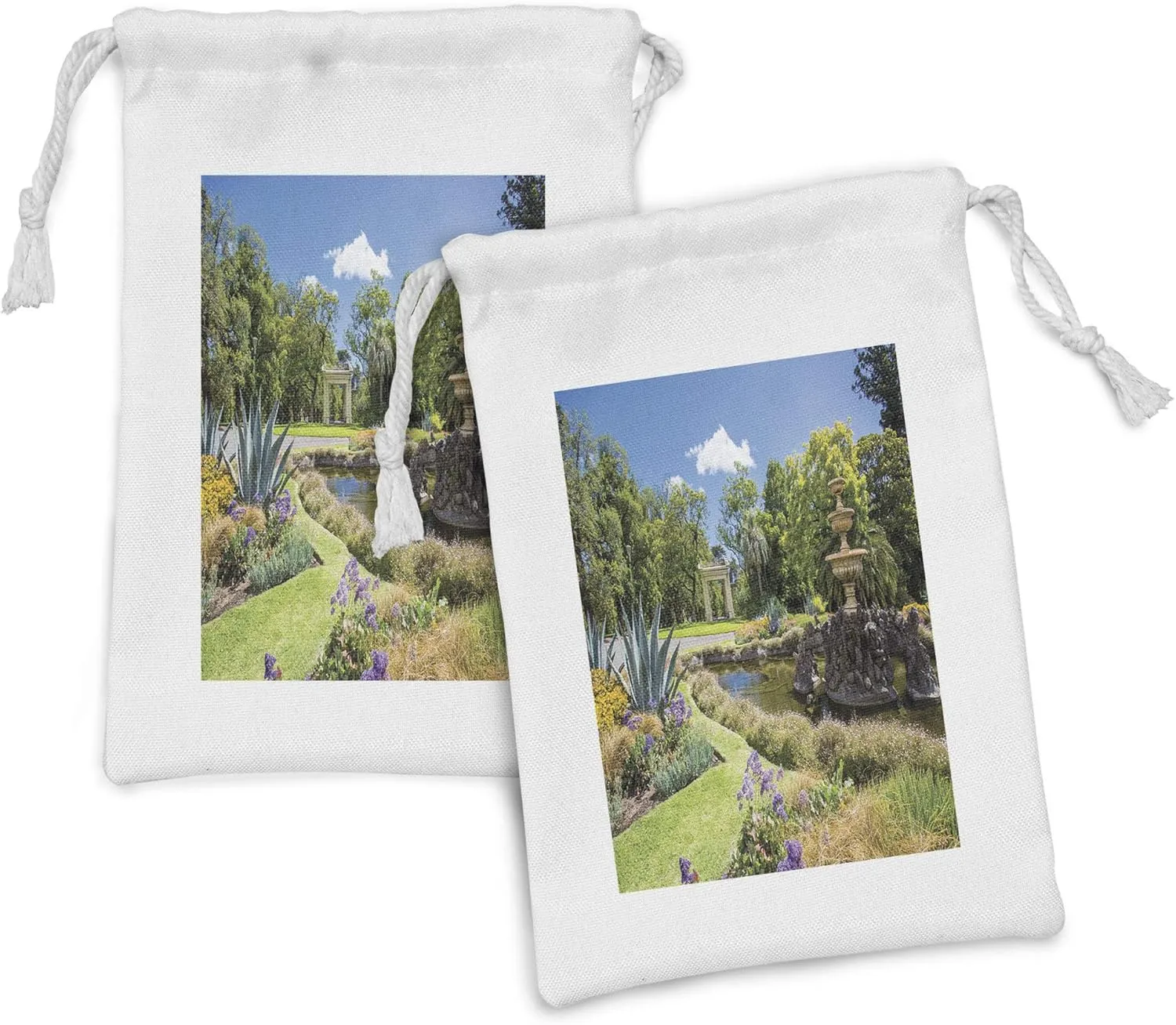 Lunarable Garden Fabric Pouch Set of 2, Fitzroy Gardens in a Summer Day Fountain Historical Iconic Tourist Attraction Place, Small Drawstring Bag for Toiletries Masks and Favors, 9" x 6", Green Blue