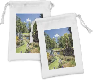 Lunarable Garden Fabric Pouch Set of 2, Fitzroy Gardens in a Summer Day Fountain Historical Iconic Tourist Attraction Place, Small Drawstring Bag for Toiletries Masks and Favors, 9" x 6", Green Blue