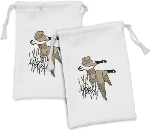 Lunarable Goose Fabric Pouch Set of 2, Nature Migration Animal Themed Canadian Geese Flying over Twigs Branches, Small Drawstring Bag for Toiletries Masks and Favors, 9" x 6", White Almond Dark Grey
