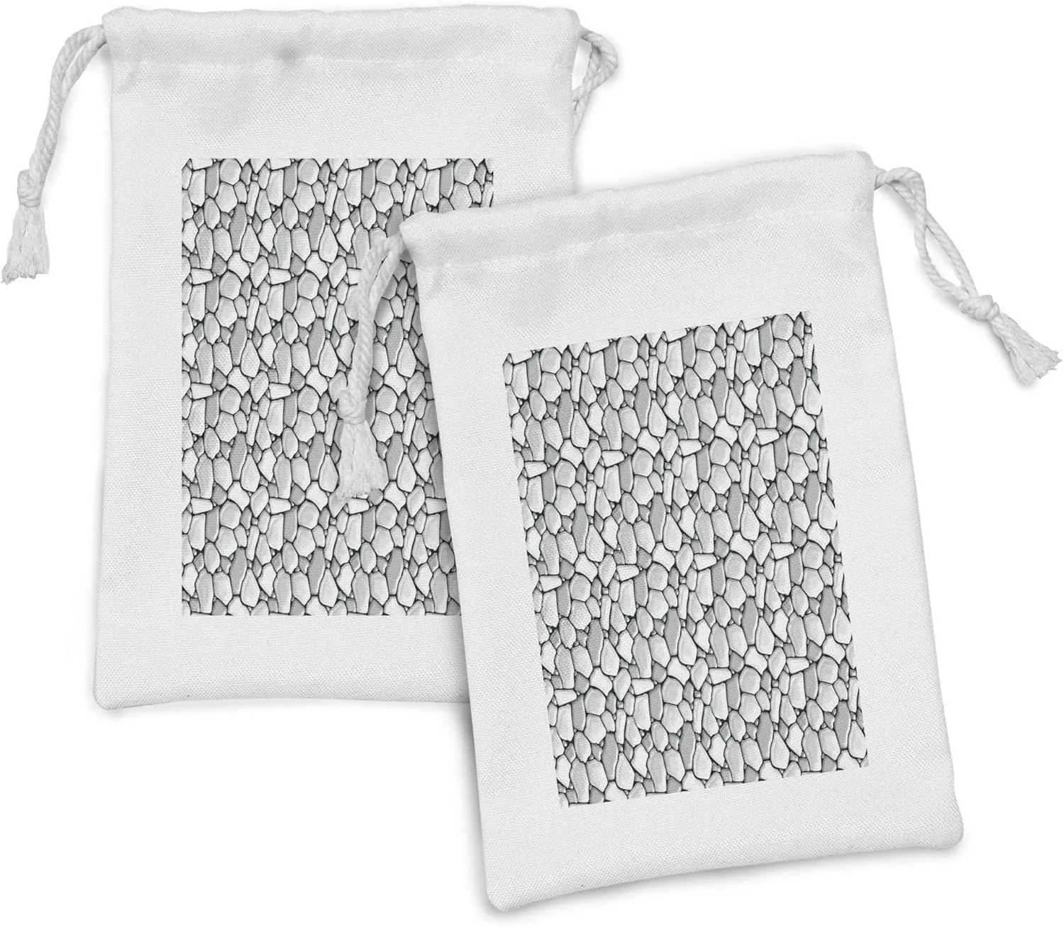 Lunarable Grey and Black Fabric Pouch Set of 2, Rubble Masonry Themed Graphic Pattern Little Pebble Stones Pavement, Small Drawstring Bag for Toiletries Masks and Favors, 9" x 6", Pale Grey Black