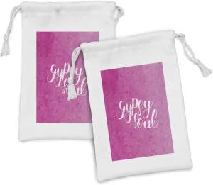 Lunarable Gypsy Soul Fabric Pouch Set of 2, Cursive Hippie Words Calligraphy on Pink Tones Brush Strokes Background, Small Drawstring Bag for Toiletries Masks and Favors, 9" x 6", Pink White