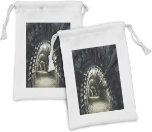 Lunarable Horror House Fabric Pouch Set of 2, Underground Tunnel Road Scene in Mining Tunnel Rock Science Geology Endless Photo, Small Drawstring Bag for Toiletries Masks and Favors, 9" x 6", Grey