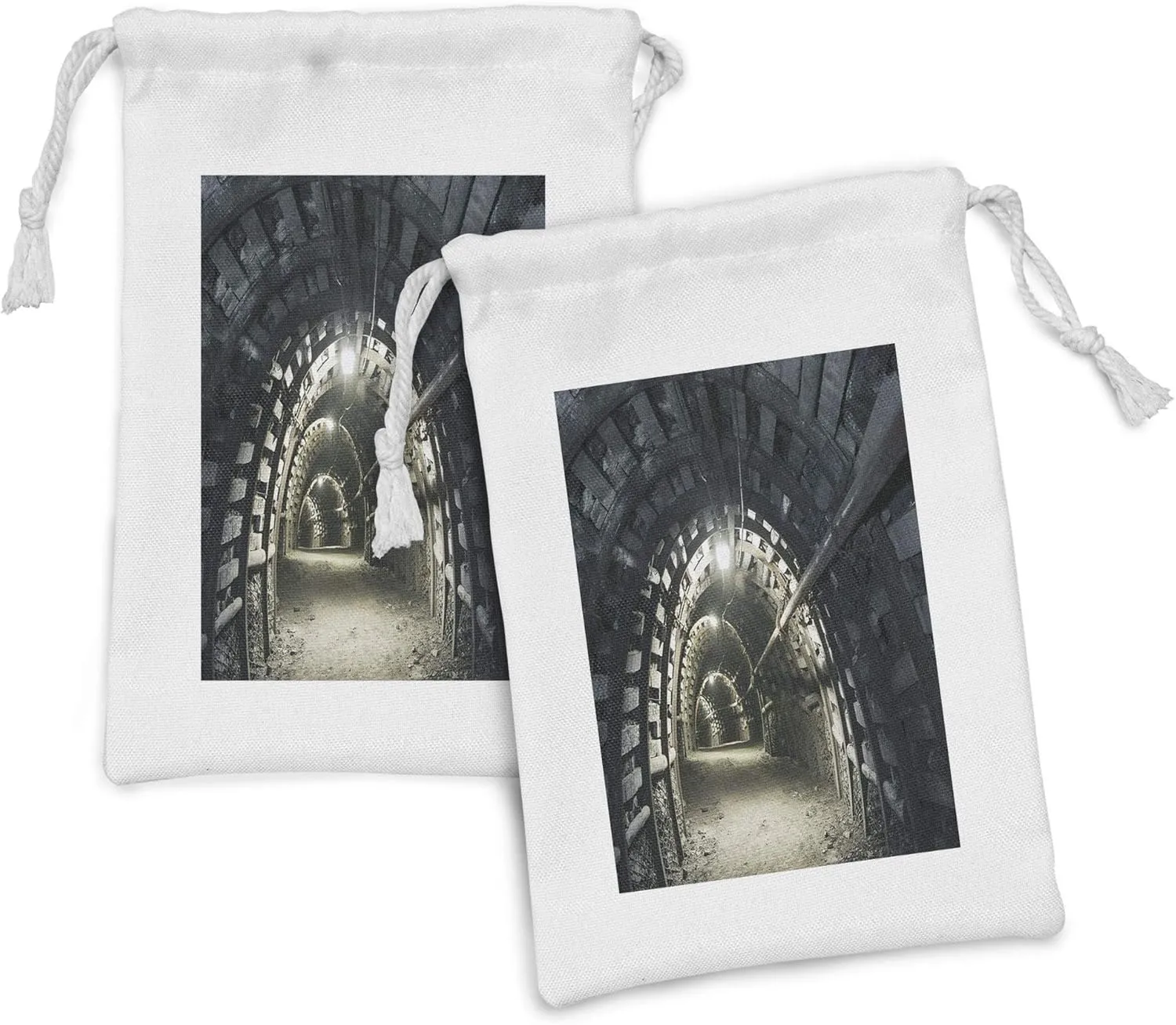 Lunarable Horror House Fabric Pouch Set of 2, Underground Tunnel Road Scene in Mining Tunnel Rock Science Geology Endless Photo, Small Drawstring Bag for Toiletries Masks and Favors, 9" x 6", Grey