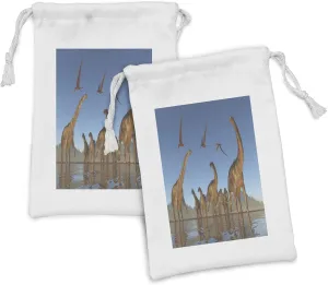 Lunarable Jurassic Fabric Pouch Set of 2, Illustration of Cretaceous Argentinosaurus and Anhanguera Reptiles Flying Above, Small Drawstring Bag for Toiletries Masks and Favors, 9" x 6", Multicolor