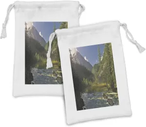 Lunarable Landscape Fabric Pouch Set of 2, Mountain Lake West Siberia Altai Mountains Katun Ridge Alpine Forest Morning View, Small Drawstring Bag for Toiletries Masks and Favors, 9" x 6", Green Blue