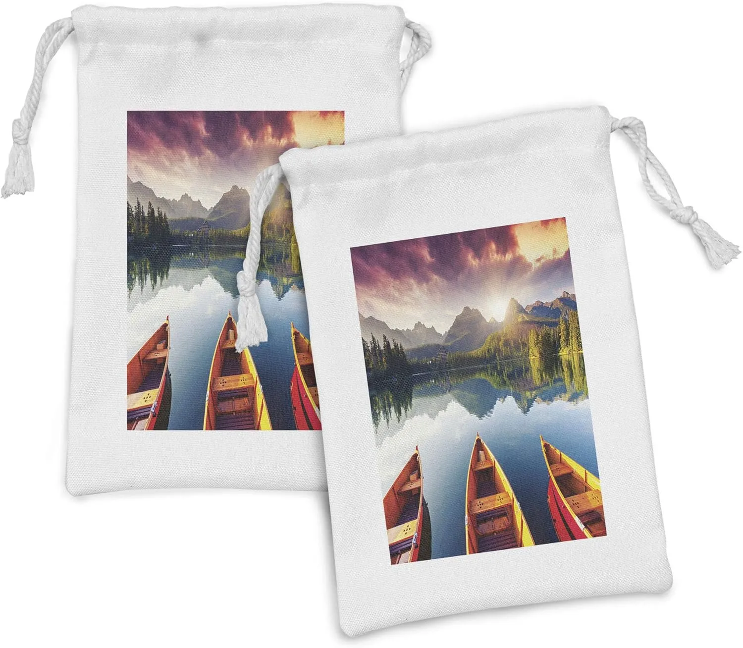 Lunarable Landscape Fabric Pouch Set of 2, Sunset at Mountain Lake Strbske National Park Dramatic Sky and Boats, Small Drawstring Bag for Toiletries Masks and Favors, 9" x 6", Orange Mauve and Blue