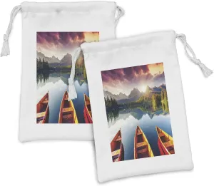 Lunarable Landscape Fabric Pouch Set of 2, Sunset at Mountain Lake Strbske National Park Dramatic Sky and Boats, Small Drawstring Bag for Toiletries Masks and Favors, 9" x 6", Orange Mauve and Blue