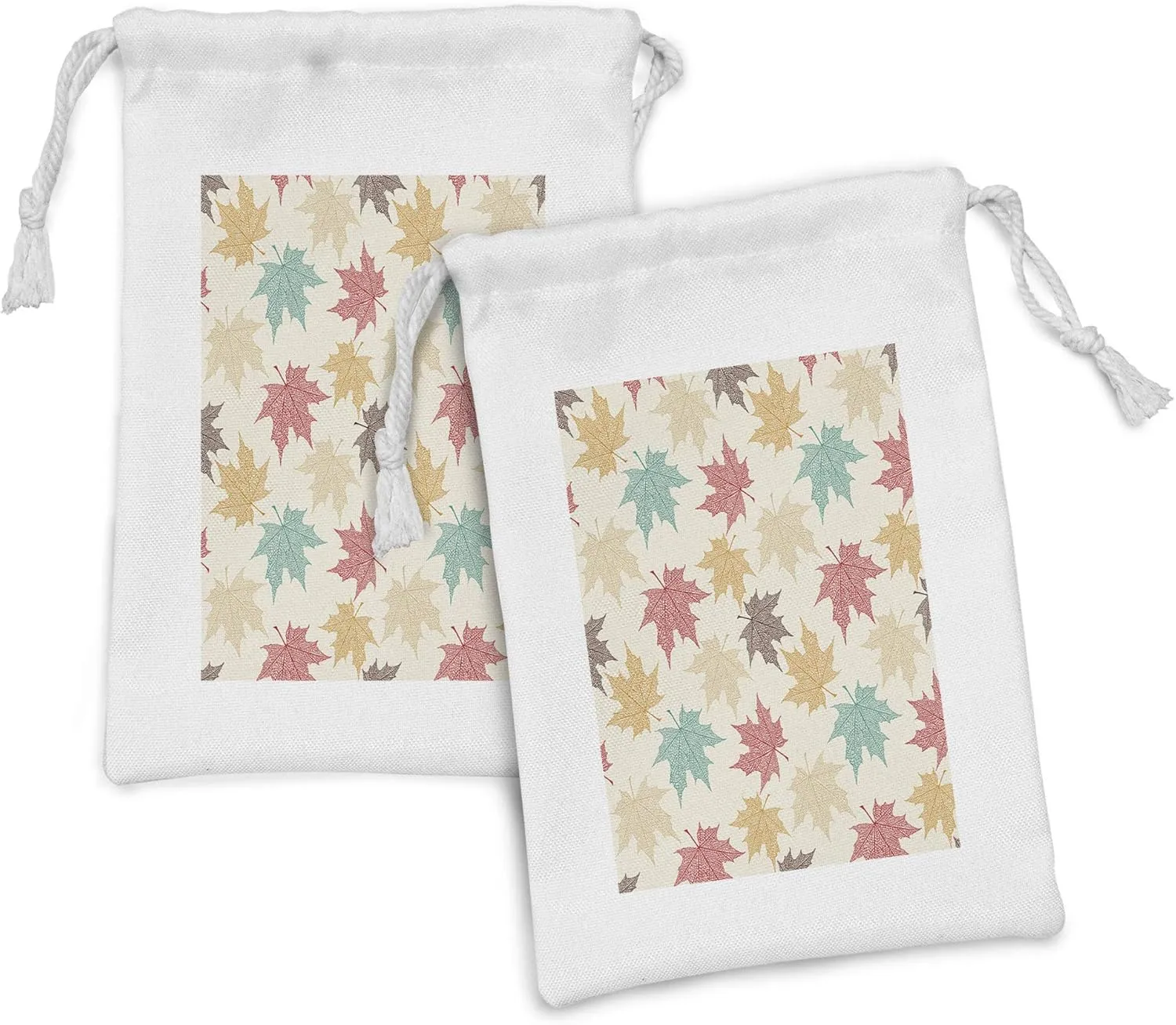 Lunarable Leaf Fabric Pouch Set of 2, Pattern Colored Maple Leaves Seasonal Nature Inspired Ecology Artwork Print, Small Drawstring Bag for Toiletries Masks and Favors, 9" x 6", Burgundy Teal Beige