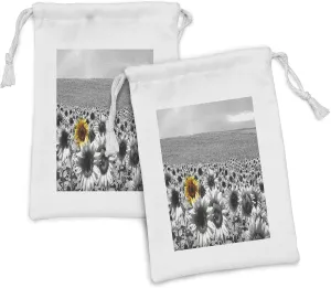 Lunarable Modern Fabric Pouch Set of 2, Sunflower Field Black and White a Single Yellow Flower Spring Landscape Individuality, Small Drawstring Bag for Toiletries Masks and Favors, 9" x 6", Grey