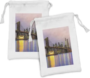 Lunarable Modern Fabric Pouch Set of 2, Sunrise Time at Manhattan Silhouette with Dramatic New York Scene USA, Small Drawstring Bag for Toiletries Masks and Favors, 9" x 6", Pale Pink Yellow Lilac