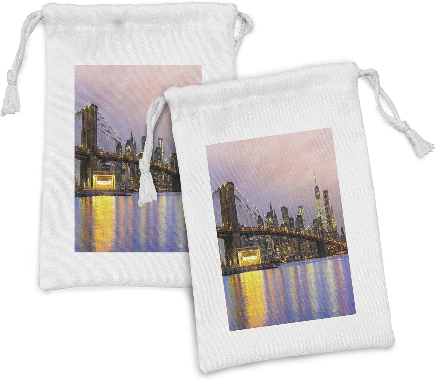 Lunarable Modern Fabric Pouch Set of 2, Sunrise Time at Manhattan Silhouette with Dramatic New York Scene USA, Small Drawstring Bag for Toiletries Masks and Favors, 9" x 6", Pale Pink Yellow Lilac