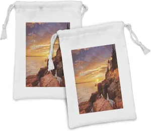 Lunarable National Parks Fabric Pouch Set of 2, Lighthouse on Stones Coastline Horizon Dramatic Island Ocean Harbor Nautical, Small Drawstring Bag for Toiletries Masks and Favors, 9" x 6", Orange