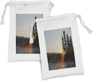 Lunarable Nature Fabric Pouch Set of 2, Canadian Lake Sunrise with Pine Tree Silhouettes Above Dramatic Dawn Time Landscape, Small Drawstring Bag for Toiletries Masks and Favors, 9" x 6", Multicolor