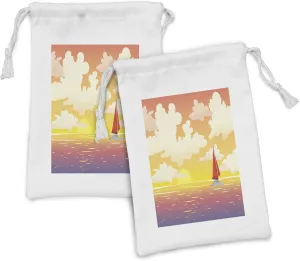 Lunarable Nautical Fabric Pouch Set of 2, Sailboat in the Sea with Dramatic Cloudy Sunset Scenery Calm Ocean Graphic Print, Small Drawstring Bag for Toiletries Masks and Favors, 9" x 6", Multicolor