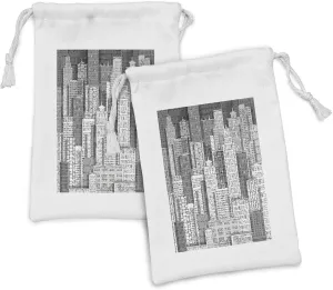Lunarable New York Fabric Pouch Set of 2, High Buildings of Metropolitan Life Skyscrapers and Twin Towers, Small Drawstring Bag for Toiletries Masks and Favors, 9" x 6", Charcoal Grey White
