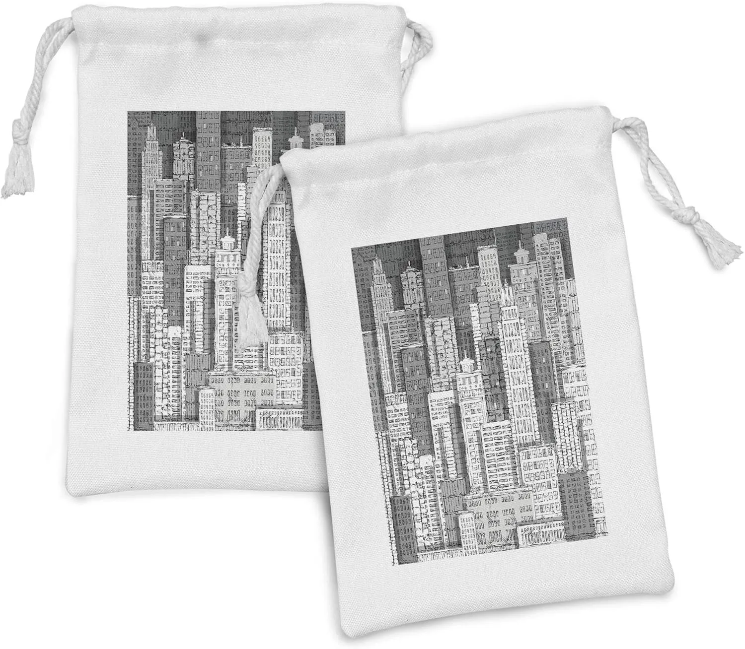 Lunarable New York Fabric Pouch Set of 2, High Buildings of Metropolitan Life Skyscrapers and Twin Towers, Small Drawstring Bag for Toiletries Masks and Favors, 9" x 6", Charcoal Grey White