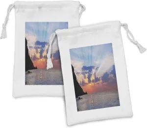 Lunarable Ocean Fabric Pouch Set of 2, Landscape Photo of Mountains and Rising Sun with Rays Penetrate Clouds, Small Drawstring Bag for Toiletries Masks and Favors, 9" x 6", Multicolor