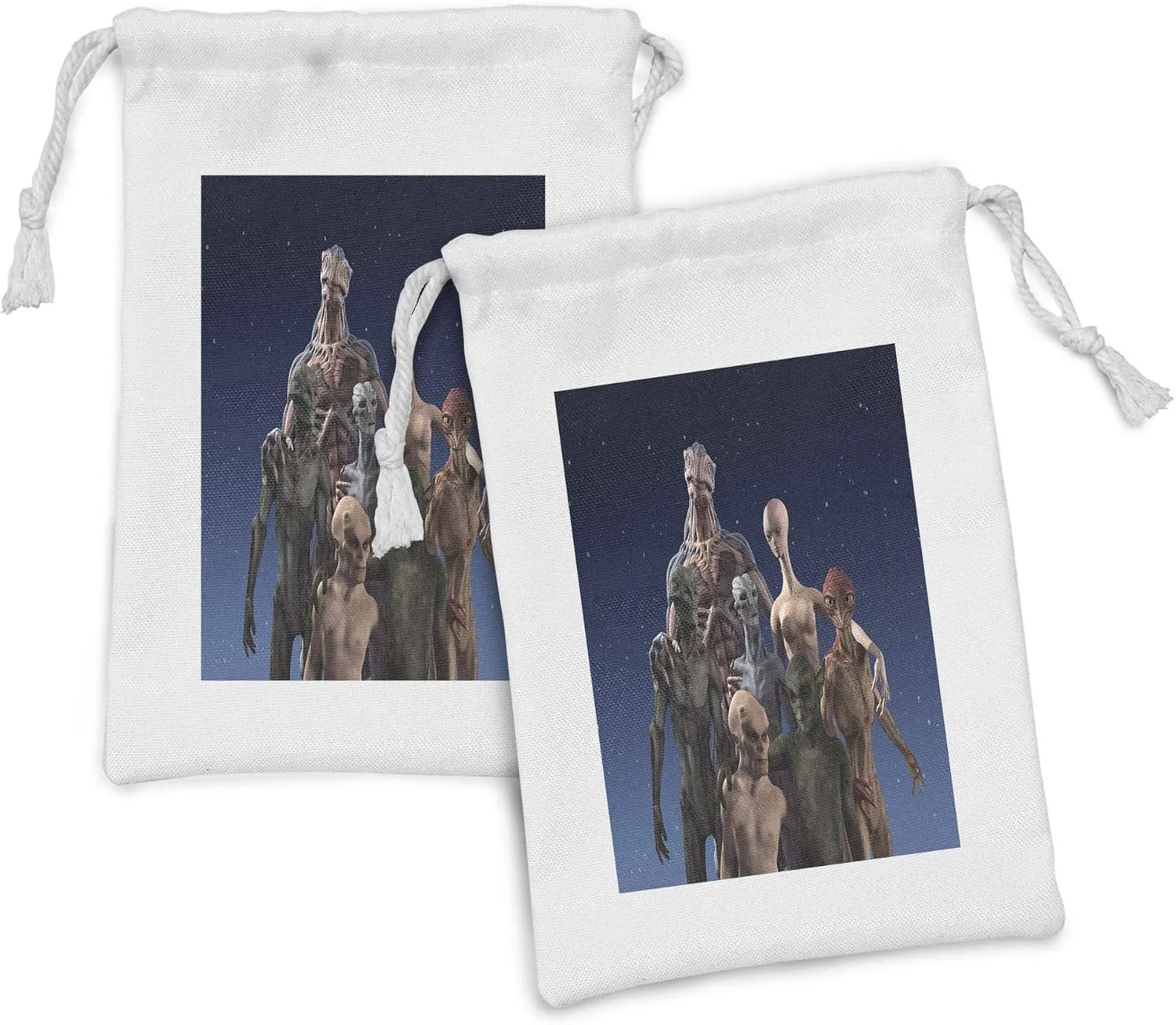 Lunarable Outer Space Fabric Pouch Set of 2, Alien Group Race Diverse Creatures Under a Starry Night Martian Family Image, Small Drawstring Bag for Toiletries Masks and Favors, 9" x 6", Blue Pink